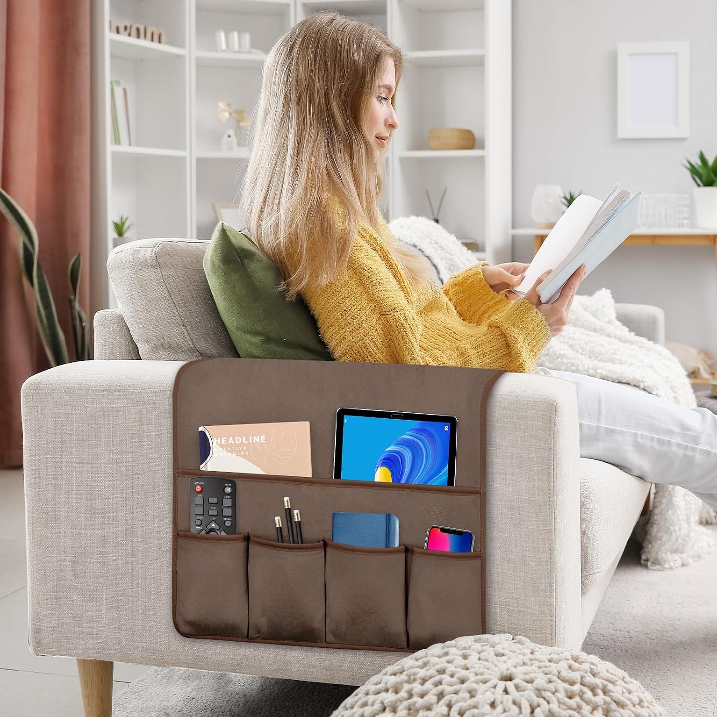 Remote Control Holder for Armchair Caddy, Remote Holder with 5 Pockets | Couch TV Remote Holder with Non-Slip Base, Bedside Caddy Organizer for Key Glasses Phone Magazine (Blue, 35"x12.4")
