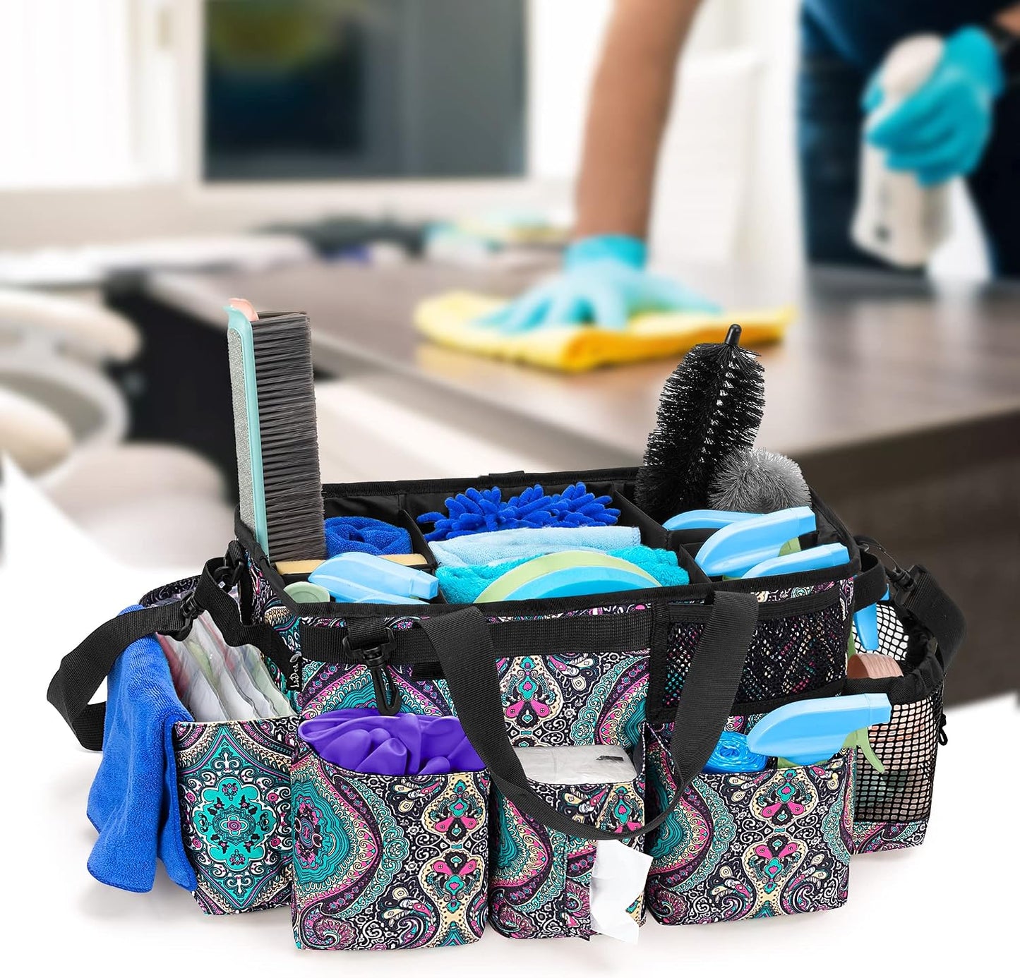 LoDrid Wearable Cleaning Caddy Bag with 4 Foldable Dividers, Black | Cleaning Supply Organizer with Shoulder Strap and Side Handles for Cleaners & Housekeepers