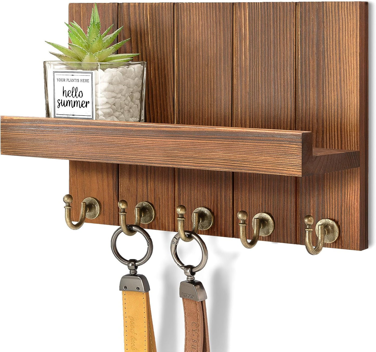 Rebee Vision Key Holder Wall Mount with 5 Key Hooks for Home Decor, Brown | 3.54'' x 10'' x 7.28'', Small Shelf for Display Plant, Key Hangers for Hat, Entryway Space-Saving Storage