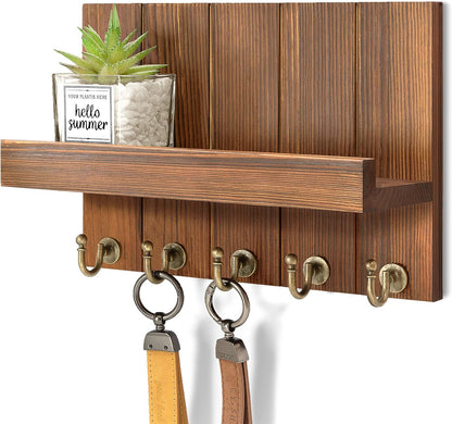 Rebee Vision Key Holder Wall Mount with 5 Key Hooks for Home Decor, Brown | 3.54'' x 10'' x 7.28'', Small Shelf for Display Plant, Key Hangers for Hat, Entryway Space-Saving Storage