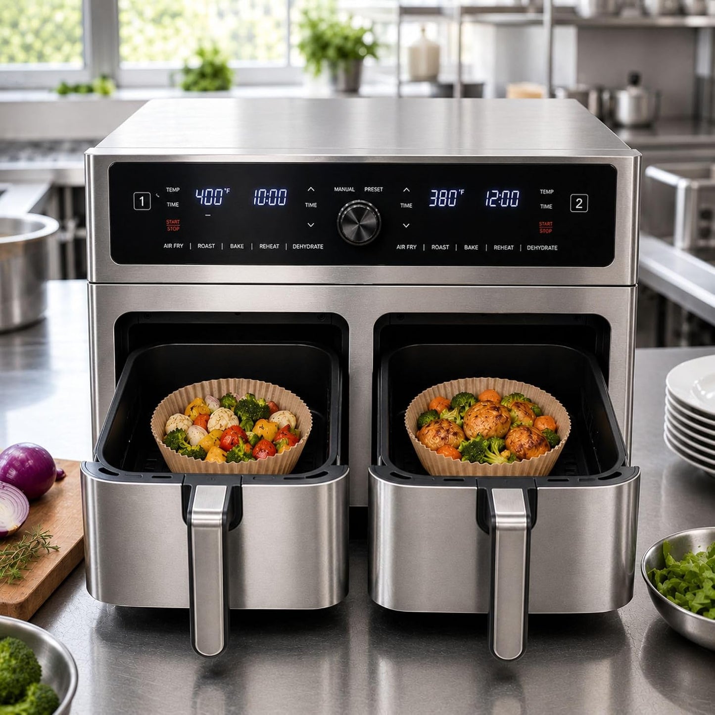 Restaurantware-Pastry Tek 8.1 x 5.5 x 1.8 Inch Air Fryer Liners, 100 Rectangle Air Fryer Baskets - No-Stick Silicone Coating, Unbleached, Food-Grade Paper Liners, For Steamer, Microwave, Oven