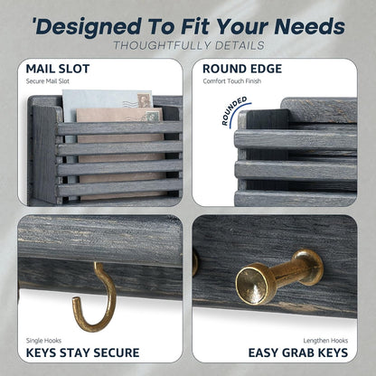 Rebee Vision Key Holder Wall Mount with Mail Slot for Entryway, Retro Brown | Pine Wood, Key Holder for Wall, 8 Hooks for Dog Leashes, Floating Shelf, Mail Sorter, New Home Essentials, Entryway Storage