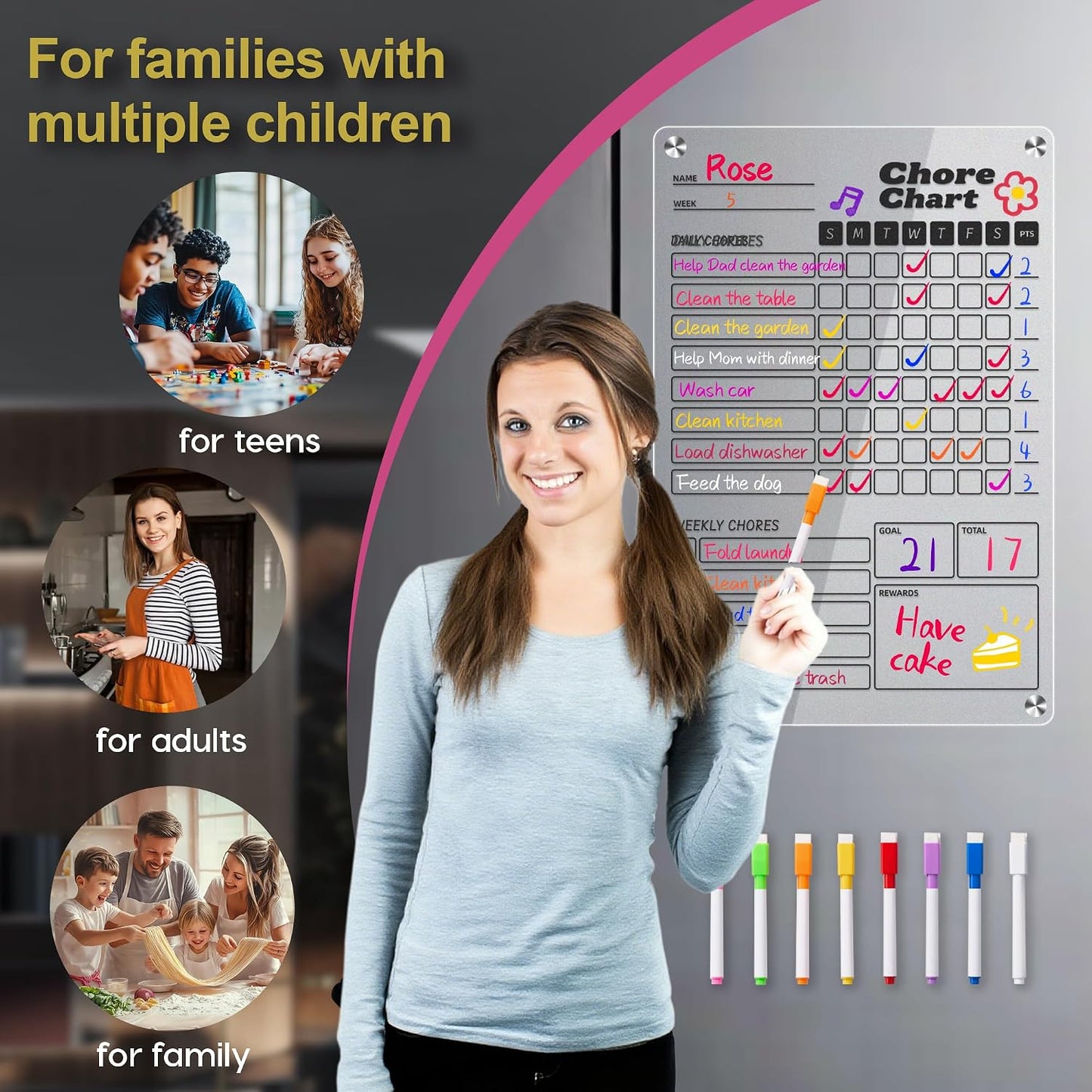 2 Pack Acrylic Magnetic Chore Chart for Kids & Adults on Fridge | 12"x8" Erasable Chore & Reward Board for Kids & Teens - Includes 8 Markers & 1 Towel, Transparent Erasable Checklist, White