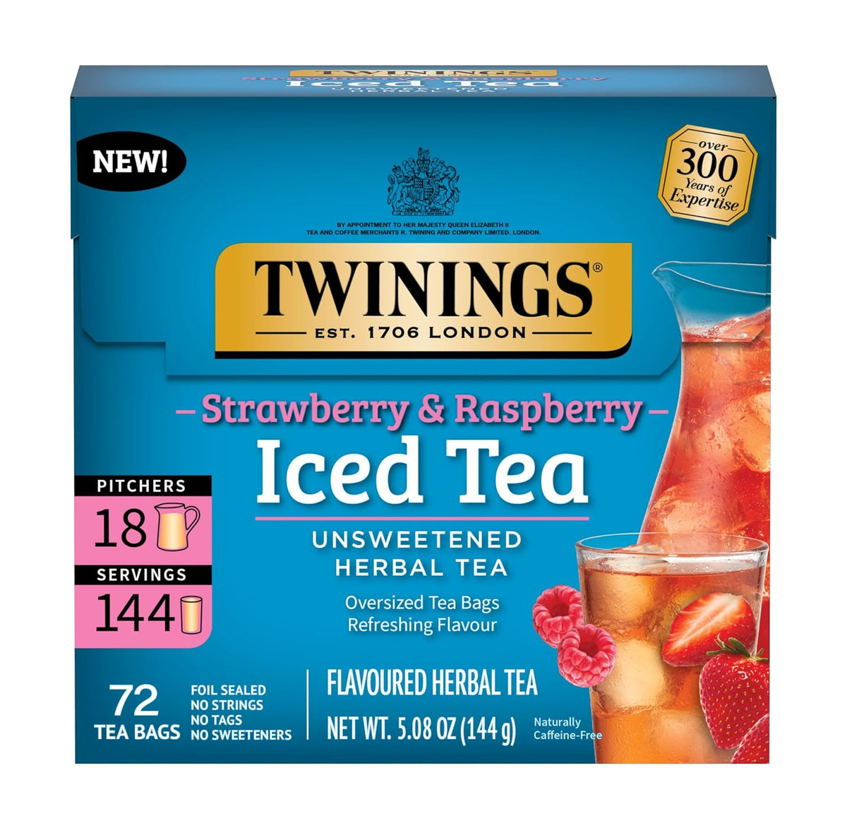 Twinings Strawberry & Raspberry Herbal Iced Tea, 72 Oversized Tea Bags, Makes 18 Pitchers or 144 Servings, Unsweetened, Naturally Caffeine-Free, (Pack of 1)