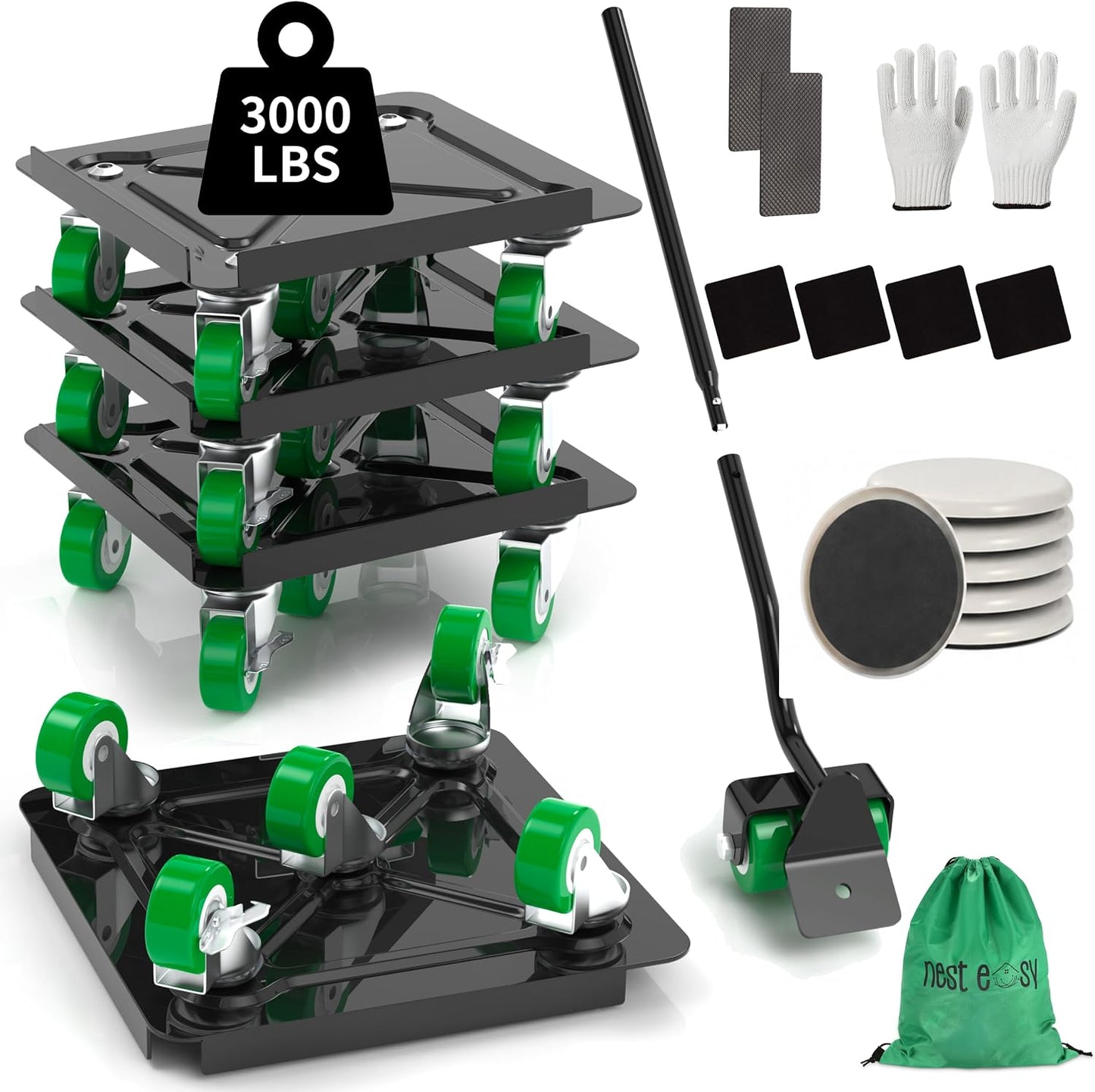 Heavy Duty Furniture Dolly 360 Rotate 5 Wheels 3000 Lbs Capacity 5.3x5.3 in | Furniture Movers with Green Wheels, Measure Tape & Leveler, Alloy Steel Furniture Lifter Tool for Smooth Home & Office Uses