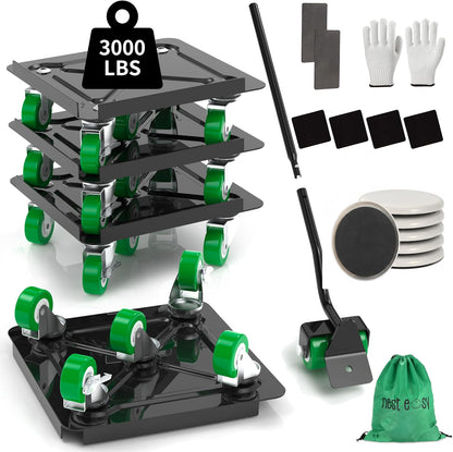 Heavy Duty Furniture Dolly 360 Rotate 5 Wheels 3000 Lbs Capacity 5.3x5.3 in | Furniture Movers with Green Wheels, Measure Tape & Leveler, Alloy Steel Furniture Lifter Tool for Smooth Home & Office Uses