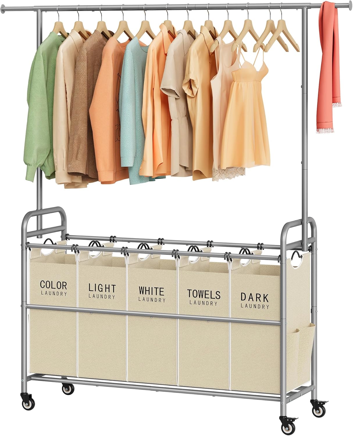Laundry Cart with Hanging Rack, 65 Gal. Large Laundry Hamper, Beige | Rolling Laundry Cart with Hanging Bar with Removable Bag and Lockable Wheels, Separator Hamper Cart for Bedroom, Bathroom