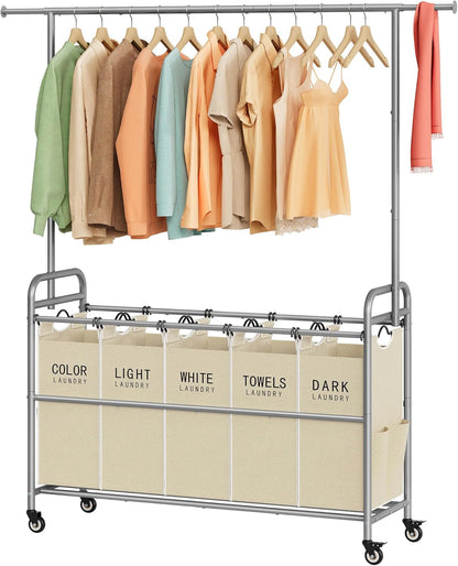 Laundry Cart with Hanging Rack, 65 Gal. Large Laundry Hamper, Beige | Rolling Laundry Cart with Hanging Bar with Removable Bag and Lockable Wheels, Separator Hamper Cart for Bedroom, Bathroom