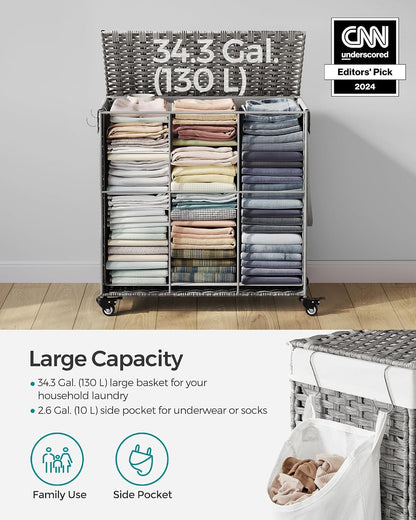 SONGMICS Laundry Hamper with Lid, 42.3 Gallons (160 L), Rolling Laundry Basket with Wheels, 3-Section Synthetic Rattan, Removable Liner, Bedroom, 29.9 x 13 x 26 Inches, Natural ULCB365N01