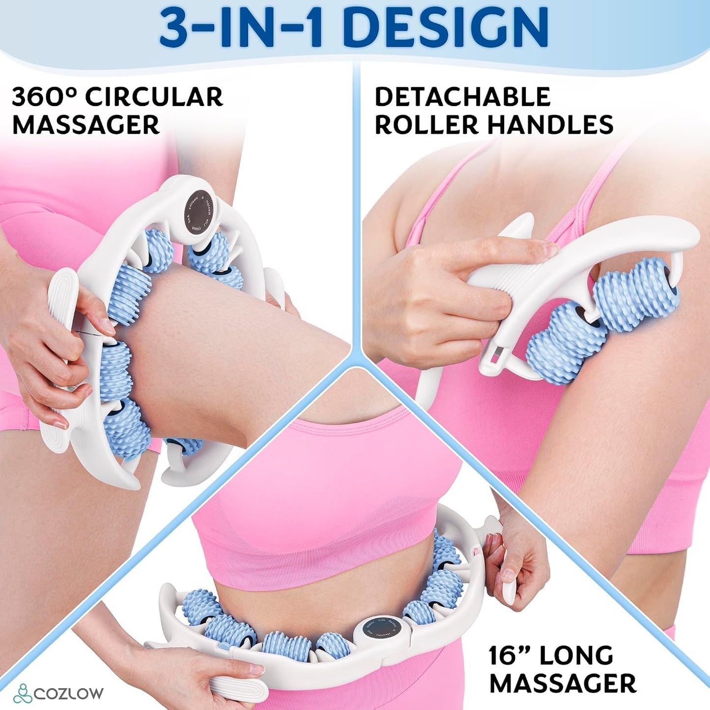 COZLOW Cellulite Massage Roller - Pink - Anti-Cellulite Massager with Detachable Roller Handles for Thighs, Legs & Buttocks - Fascia Massage Tool for Lymphatic Drainage & Deep Tissue Therapy