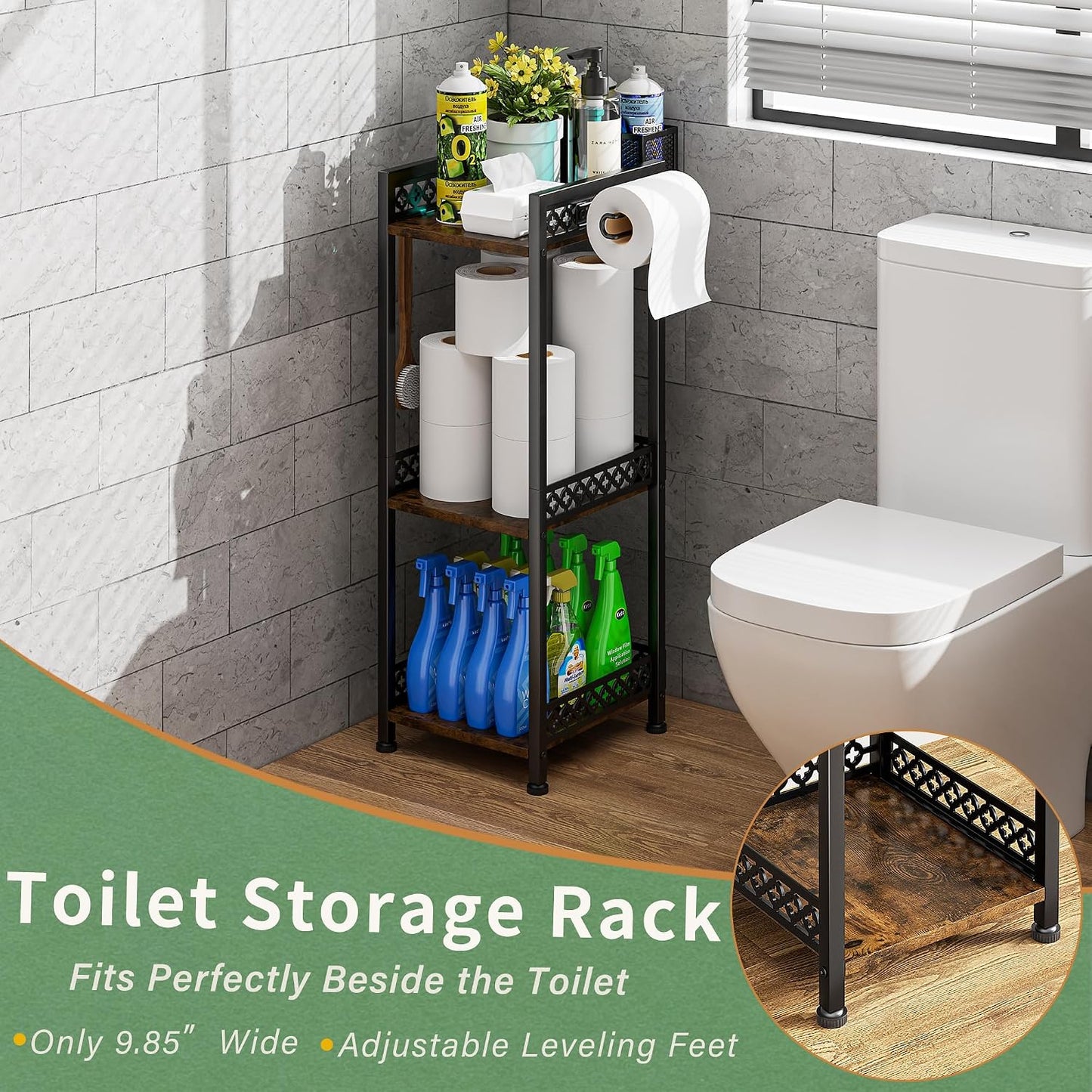 Bathroom Organizers and Storage Shelf with Toilet Paper Holder | 3-Tier freestanding 9.85″ narrow bathroom storage rack, With 3-compartment basket, hooks and non-slip feet, Rustic farmhouse