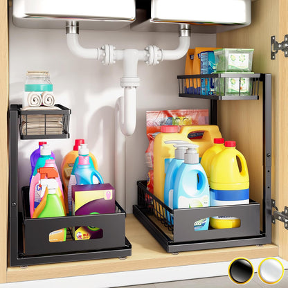 Under Sink Organizer, 2-Pack L-Shaped Metal Pull-Out Drawers for Kitchen | Cabinet Organizer Height Adjustable Heavy Duty Metal 2-Tier Storage Fits Beside Common Pipes for Bathroom Pantry