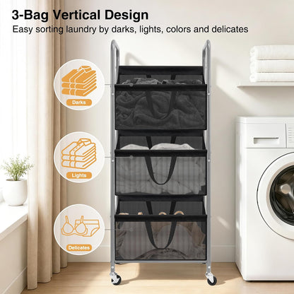 STO STO 3-Tier Vertical Rolling Laundry Hamper, Removable Bags, Black Mesh | 120L Capacity, Space-Saving Vertical Design, Rust-Resistant Steel Frame, Lockable Wheels, Ideal for Apartments & Small Spaces