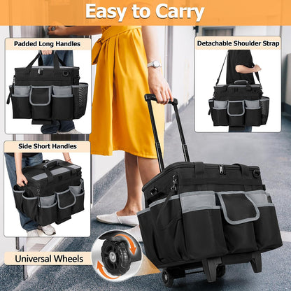 HODRANT Large Rolling Cleaning Caddy with Detachable Trolley & Lid | Cleaning Cart on Wheels with Shoulder Strap & Handles, Cleaning Supplies Organizer with Multi Pockets for Clean Tools Storage