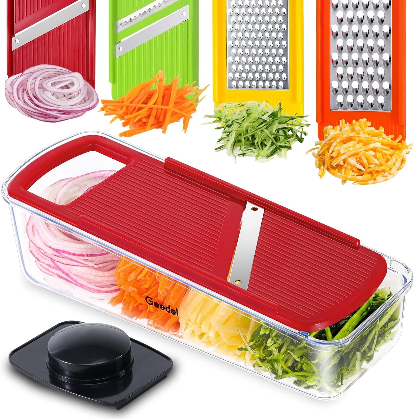 Geedel Professional Mandoline Slicer for Kitchen, Multi Purpose Vegetable Slicer Cutter, Vegetable Cutter Onion Cutter for Veggie Fruit Cheese | Slice, Shred & Julienne, Sharp Stainless Steel Blades, Dishwasher Safe, No BPA, Safety Hand Guard, For