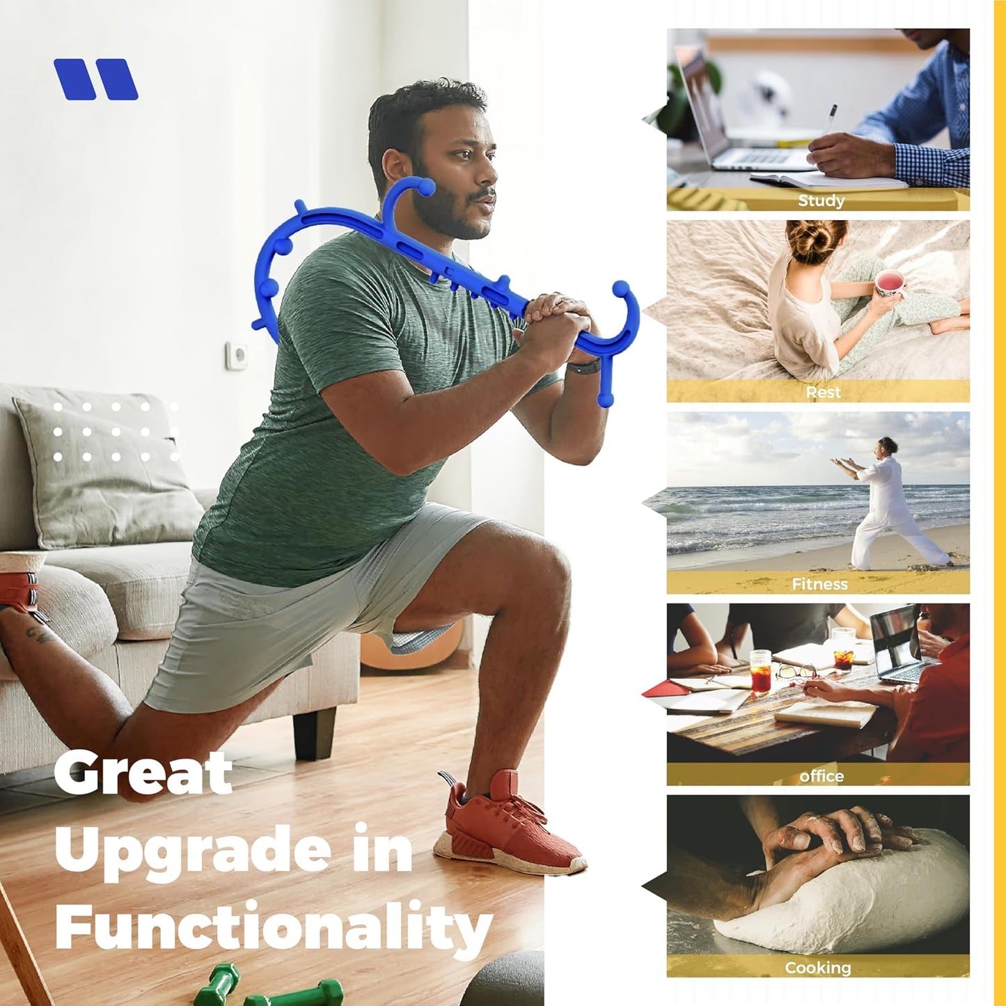 Deep Tissue Back & Neck Massager - Back Massager Stick for Pain Relief, Muscle Knot Remover, Trigger Point Massage Tool for Full Body, Shoulders, Legs - Pressure Point Massage Tool (Blue)