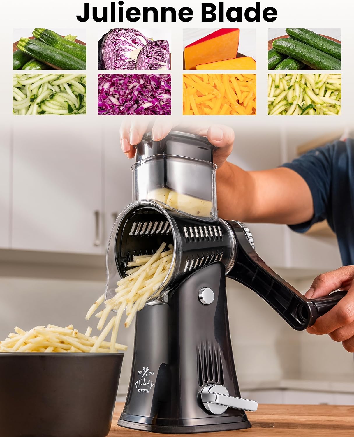 Zulay Kitchen Rotary Cheese Grater 5 Blade Cheese Shredder - Manual Hand Crank Cheese Grater With Reinforced Suction & 5 Interchangeable Drums - Easy to Use, Vegetable Chopper Round Mandoline Slicer - Colors A