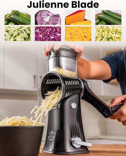Zulay Kitchen Rotary Cheese Grater 5 Blade Cheese Shredder - Manual Hand Crank Cheese Grater With Reinforced Suction & 5 Interchangeable Drums - Easy to Use, Vegetable Chopper Round Mandoline Slicer - Colors A