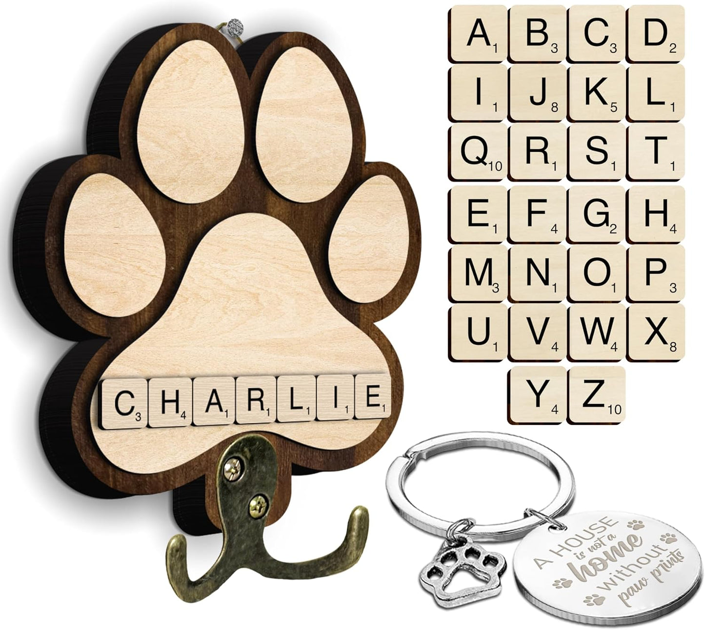 Dog Leash Holder Wall Mount, Pet Harness Hanger with Scrabble Letters, Dog Collar Organizer for Entryway, Memorial Cat Leash Holder for Wall, Pet Loss Gifts, Keepsake, Home Decor PF212-NAT