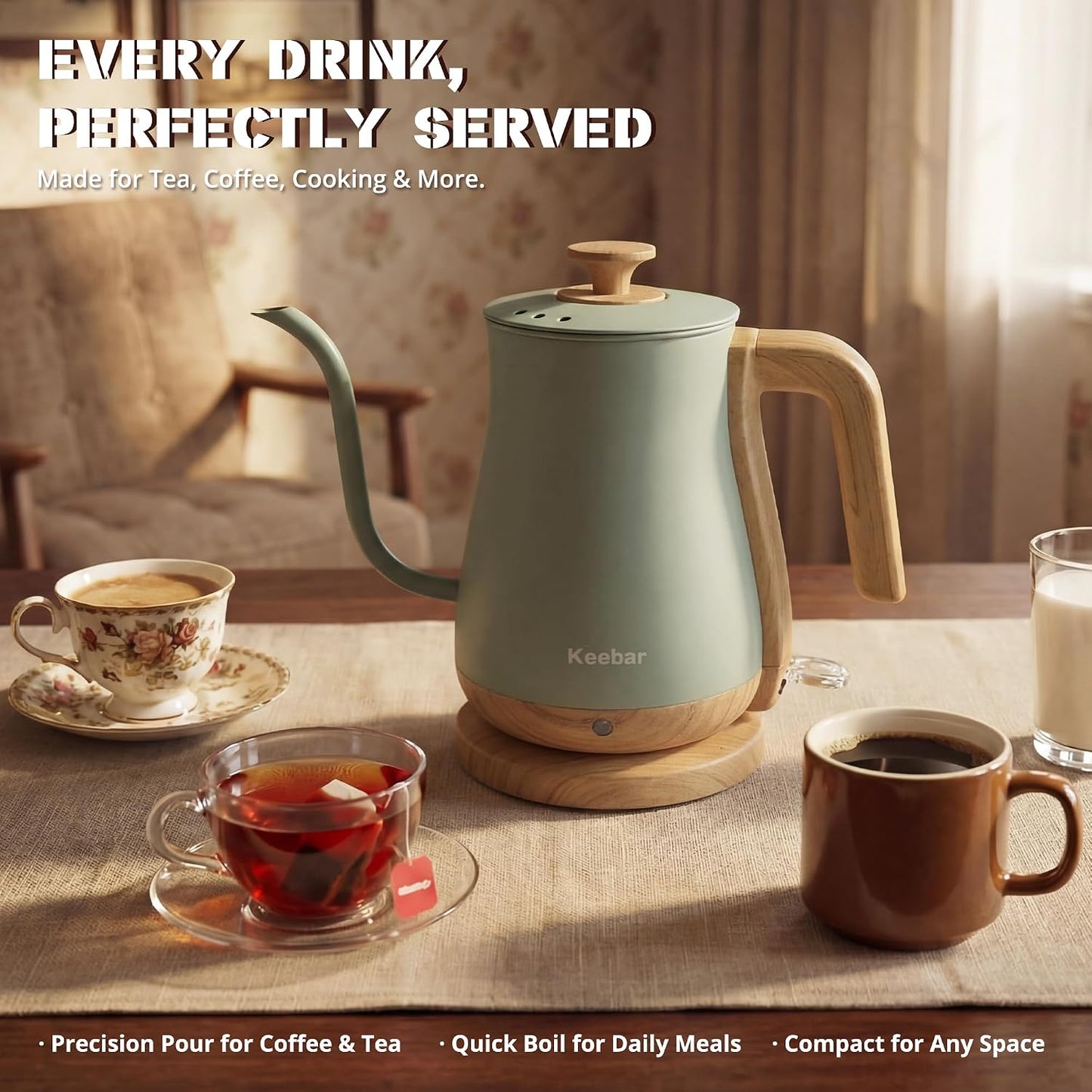Gooseneck Electric Kettle, 0.8 L, 1000 W, Auto Shut-Off, Light Green | Compact 0.8 L Kettle With Stainless Steel Interior, Gooseneck Pour, Wood-Grain Handle, Auto Shut-Off And Boil-Dry Protection