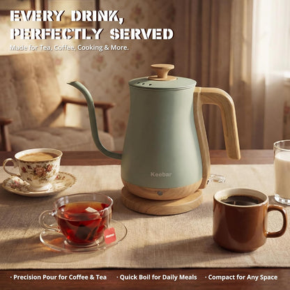 Gooseneck Electric Kettle, 0.8 L, 1000 W, Auto Shut-Off, Light Green | Compact 0.8 L Kettle With Stainless Steel Interior, Gooseneck Pour, Wood-Grain Handle, Auto Shut-Off And Boil-Dry Protection