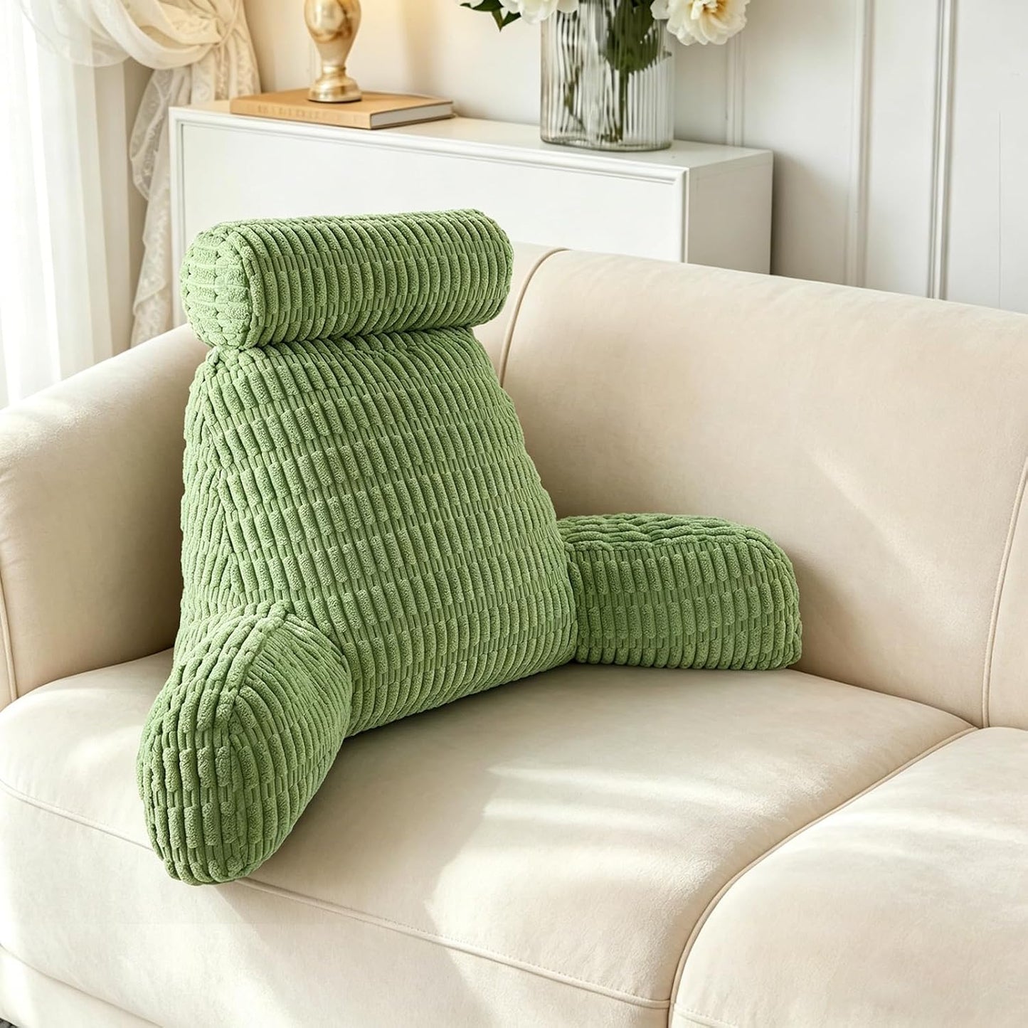 Reading Pillow for Bed, Back Rest Bed Pillow for Sitting Up(Green,Standard) | Back Support Pillows for Bed Sitting Up with a Cylindrical Pillow and Lumbar Pillow, Sitting Pillow for Bed Chair Pillow,18in