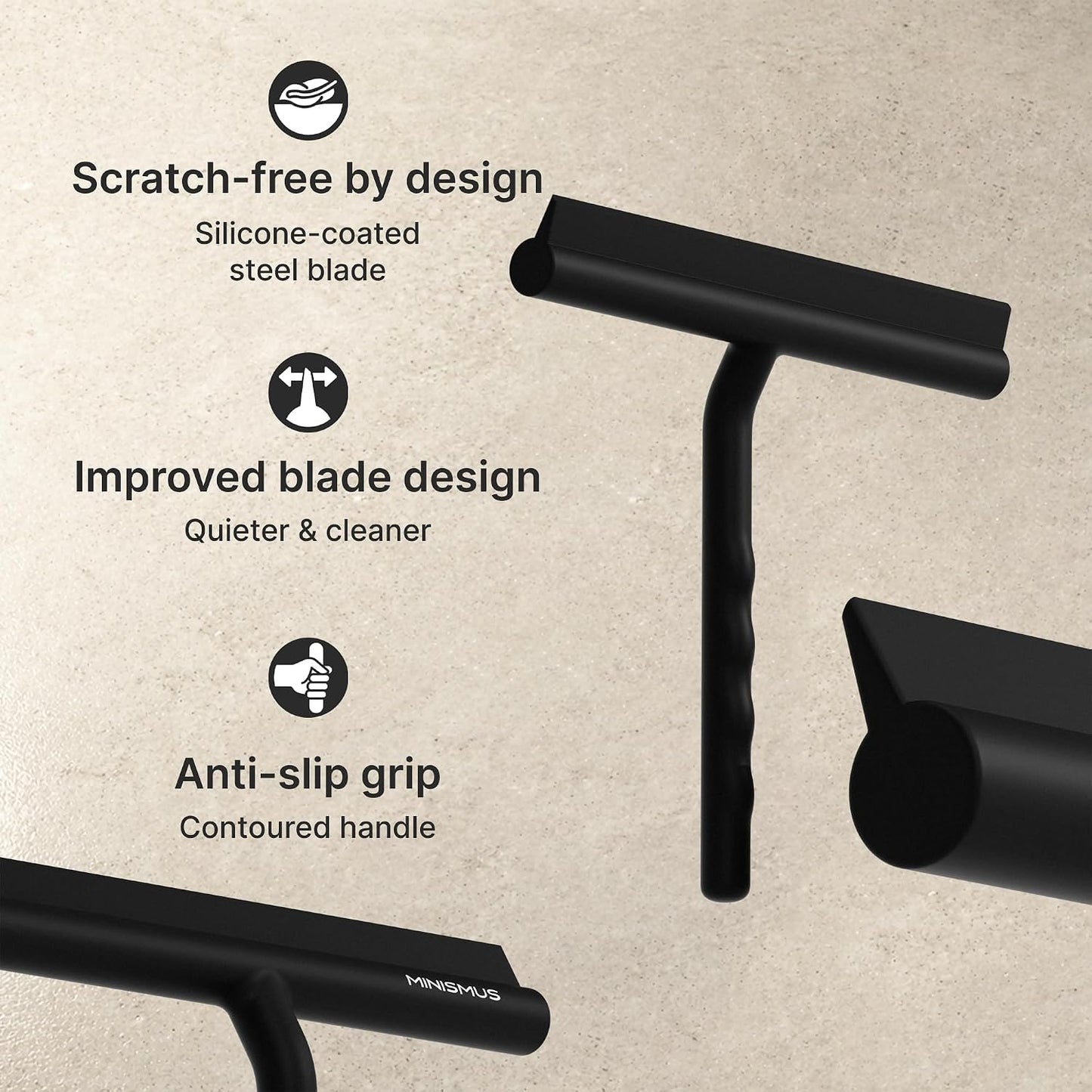 Minismus Shower Squeegee with Magnetic Hook - Silicone Window Wiper with Adhesive Wall Mounted Hanger - Shower Squeegee for Glass Doors - Rubber Squeegee - Shower Glass Cleaner (8.25 inches, Black)