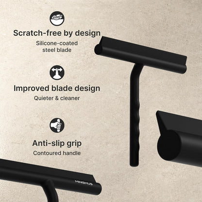 Minismus Shower Squeegee with Magnetic Hook - Silicone Window Wiper with Adhesive Wall Mounted Hanger - Shower Squeegee for Glass Doors - Rubber Squeegee - Shower Glass Cleaner (8.25 inches, Black)