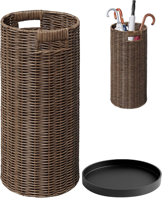 Rattan Umbrella Holder 21"H X 10"D, Handmade Wicker Umbrella Stand Indoor with Dip Tray, Sturdy Umbrella Holders for Entryway, Umbrella Bucket Fits Mudroom,Walking Canes,Home,Office (Brown)