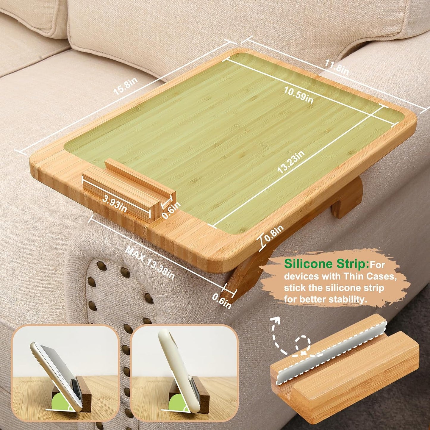 Couch Arm Tray,Bamboo Sofa Clip on Side Table,Foldable Couch Armrest Table with 360°Rotating Phone Holder,Anti Slip Food Trays for Eating/Drinks/Snacks/Remotes 15.35" x 9.85"