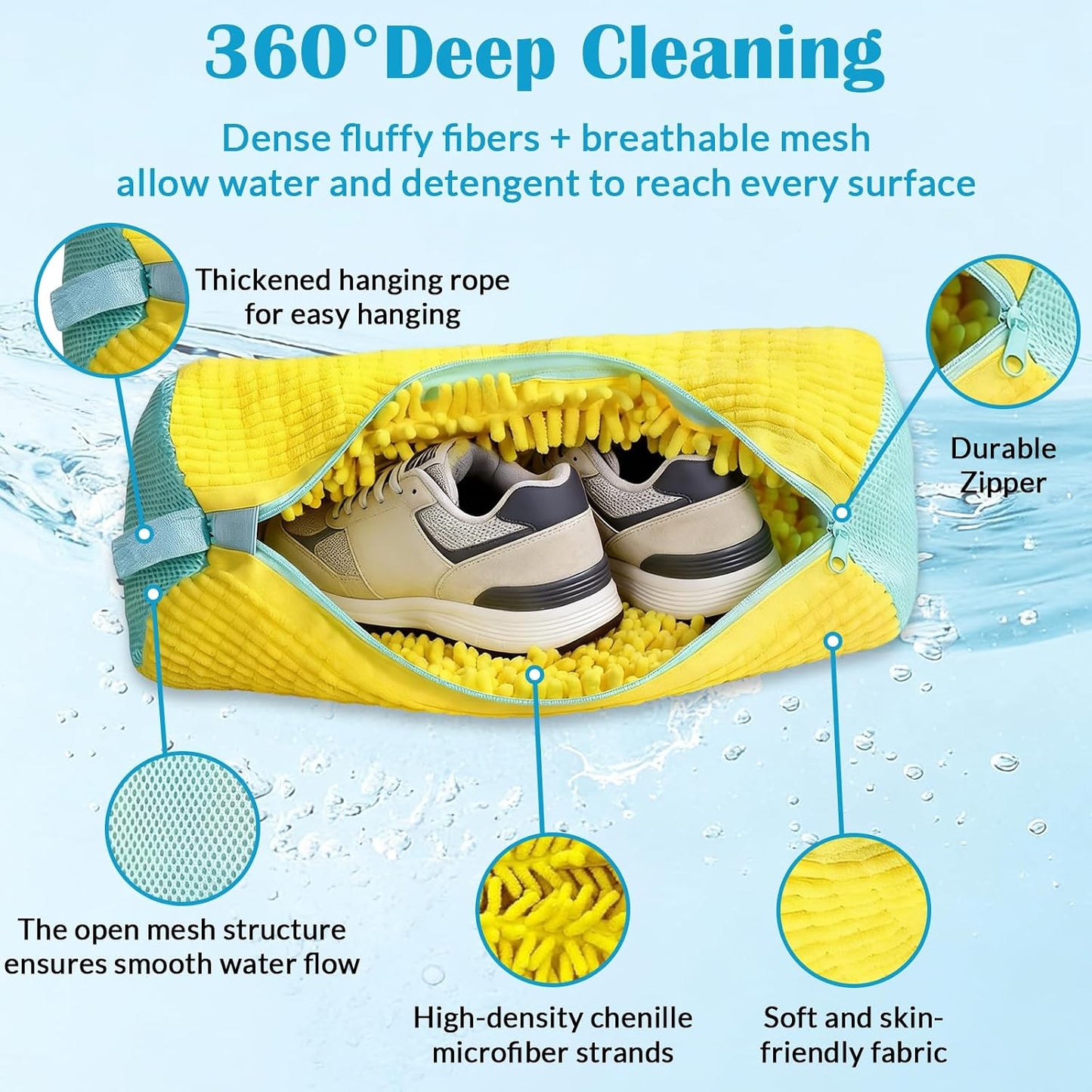 2 Pack Shoe Washing Machine Bag - Laundry Shoe Bag for Washer and Dryer Reusable Sneaker Cleaning Bag with Self-locking Zipper and Fluffy Fibers for All Shoes Types With Self-locking Zipper 360°