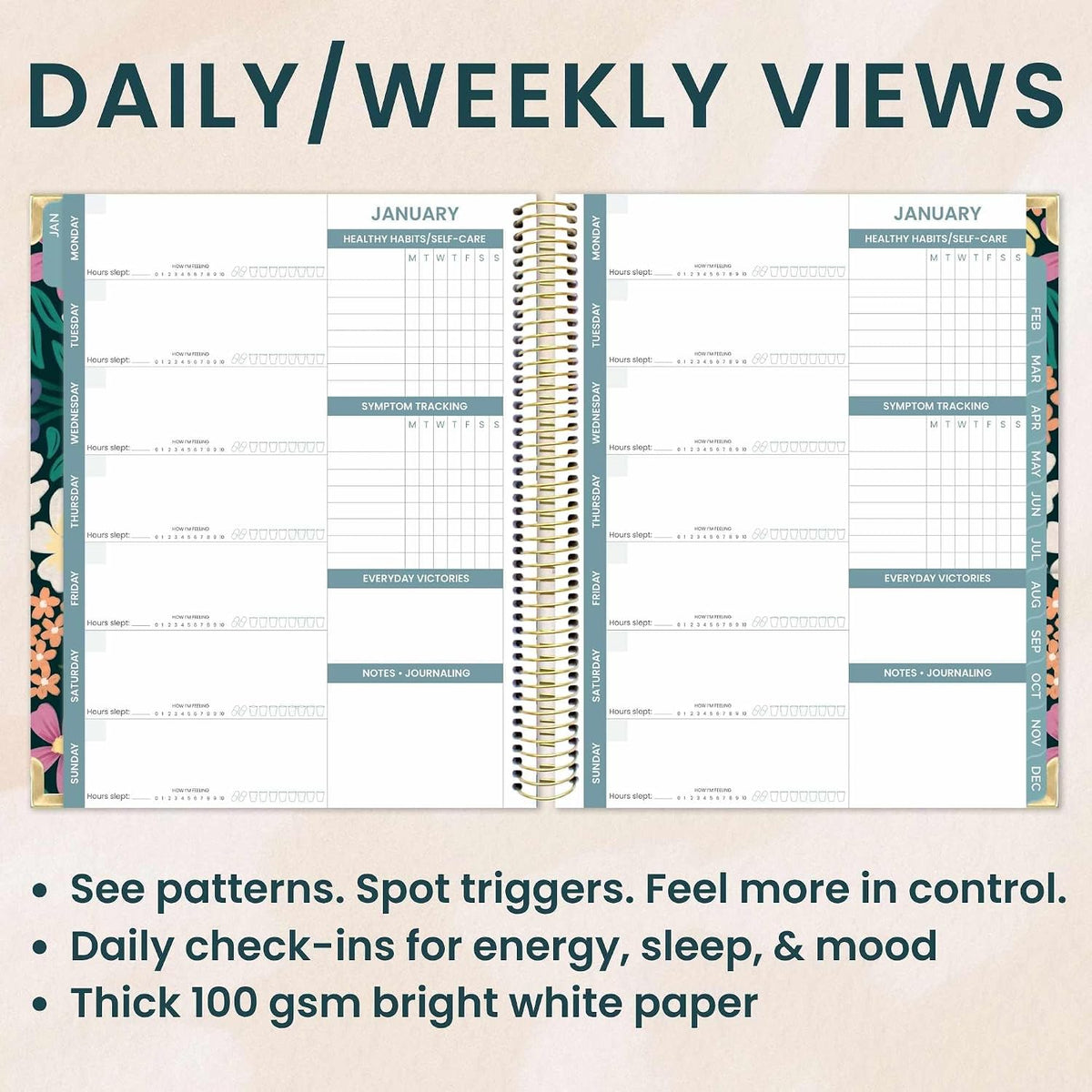 bloom daily planners Undated Chronic Illness Planner & Medical Journal - 12 Month Pain & Symptom Tracker, Mood & Medication Log, Appointment Organizer (7” x 9”) - Chronically Resilient
