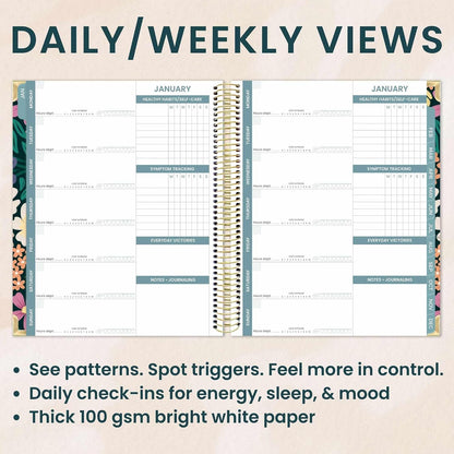 bloom daily planners Undated Chronic Illness Planner & Medical Journal - 12 Month Pain & Symptom Tracker, Mood & Medication Log, Appointment Organizer (7” x 9”) - Chronically Resilient