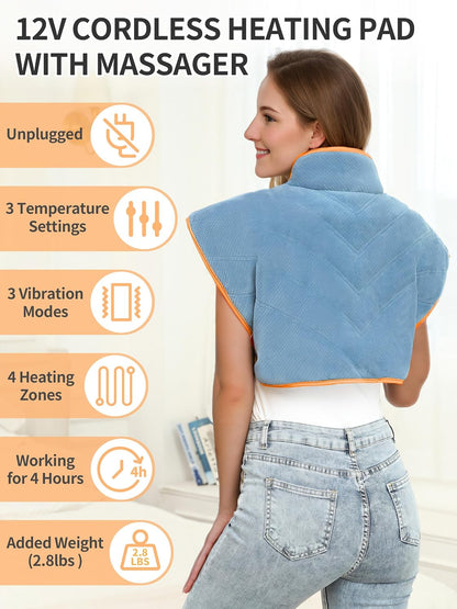 Vofuoti Portable Cordless Heating Pad for Neck and Shoulders with Massager | 12V 15000mAh Battery and 3 Heat Settings, Weighted Electric Rechargeable Heated Neck Shoulder Wrap, 2.6lbs, Gift for Family