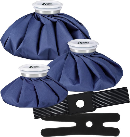 Ice Bags Set of 3 with Straps, Reusable Hot & Cold Packs | Dual hot water bag for pain relief and soft ice packs for injuries, includes 3 bags and 2 hands-free straps