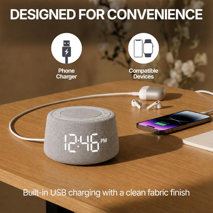 White Noise Alarm Clock for Bedroom, Night Light, Bluetooth Audio | Sleep sounds, Bluetooth speaker, ambient night light, dimmable display, adjustable alarm volume, bedside routine for adults