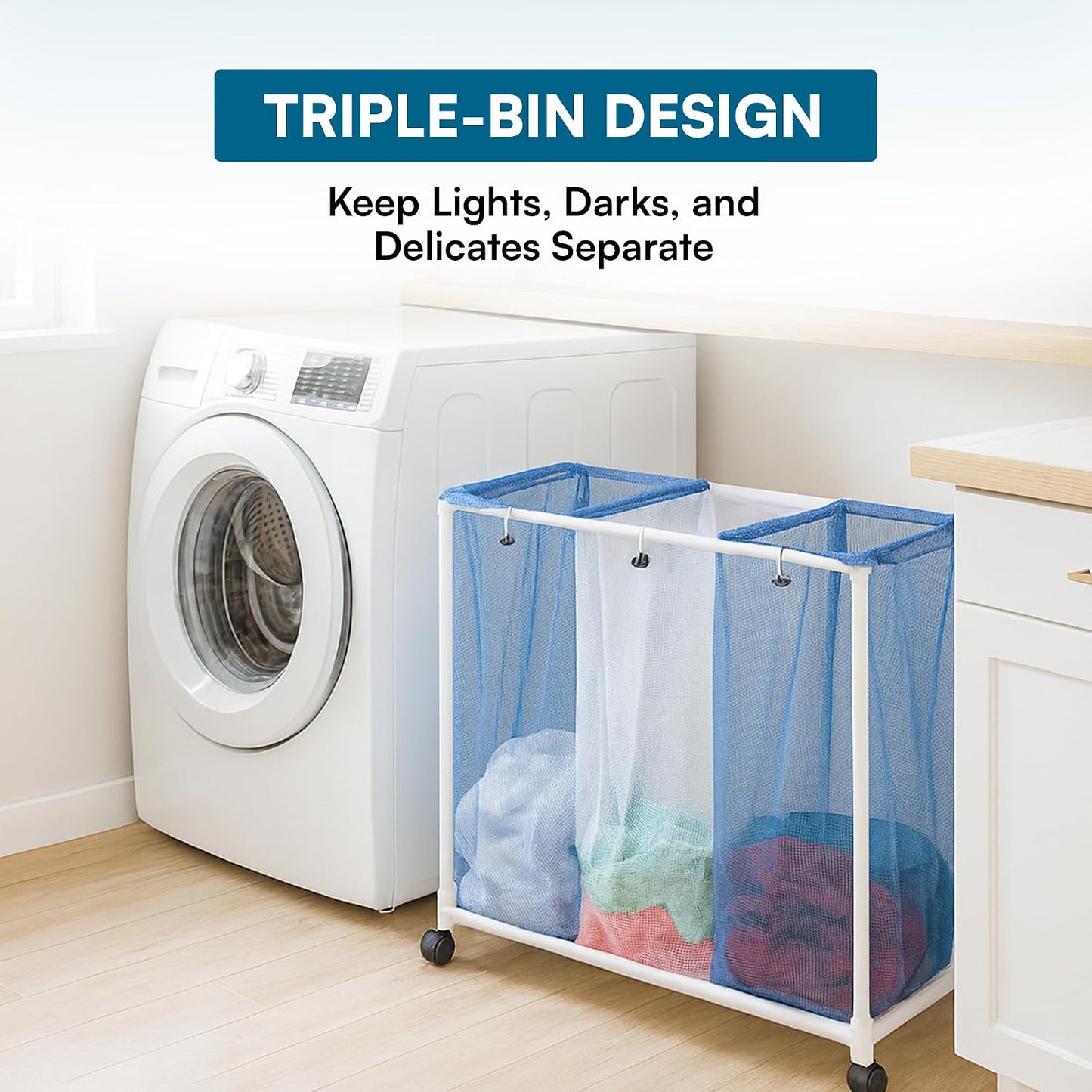 Honey-Can-Do HMP-01629 3 bag mesh laundry sorter, 30.5" x 15.3" x 30" , Blue/White