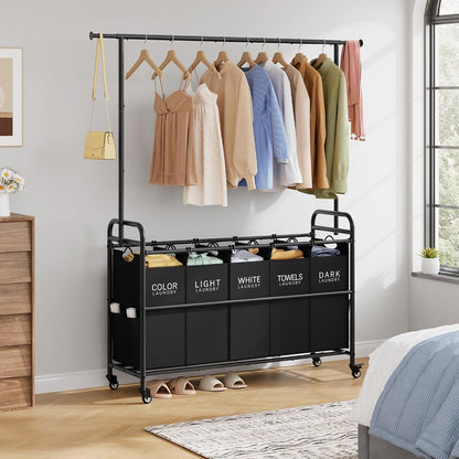 Laundry Cart with Hanging Rack, 65 Gal. Large Laundry Hamper, Beige | Rolling Laundry Cart with Hanging Bar with Removable Bag and Lockable Wheels, Separator Hamper Cart for Bedroom, Bathroom