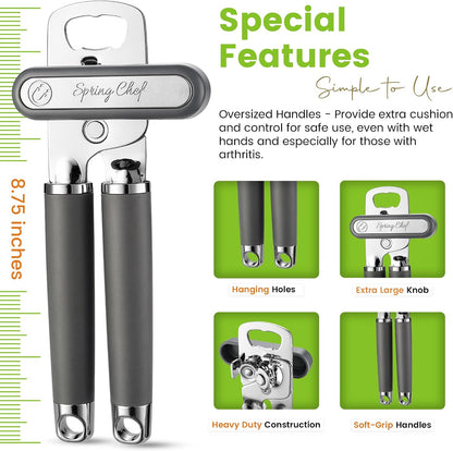 Spring Chef Stainless Steel Manual Can Opener with Soft Grip Handles, Black | Heavy Duty Hand Can Opener for Seniors with Smooth Edge, Easy Turn, 3in1 Can Opener with Magnetic Lid Remover & Bottle Opener