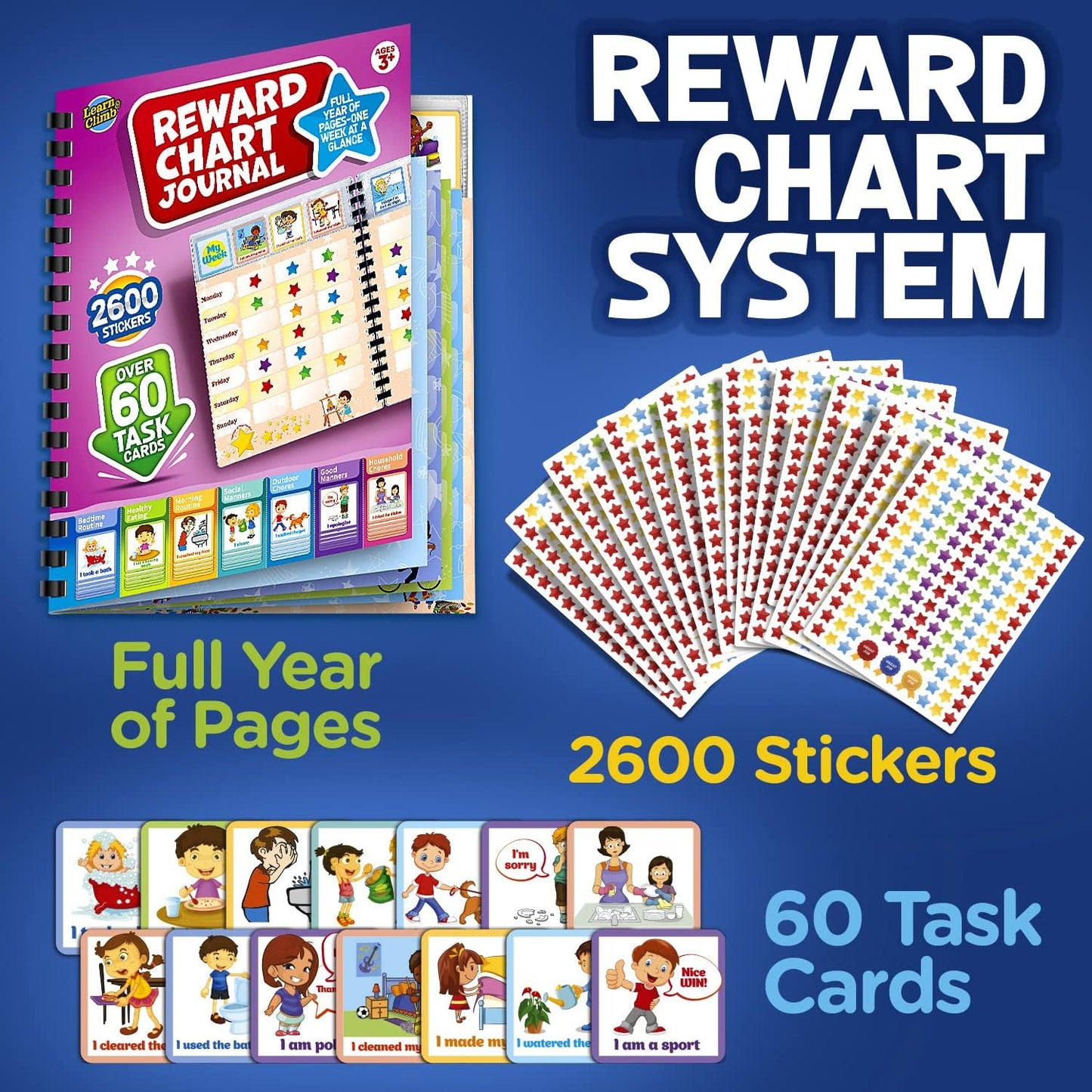 Behavior Reward Chart System - Pad with 26 Chore Charts for Kids, 2800 Stickers to Motivate Responsibility & Good Habits