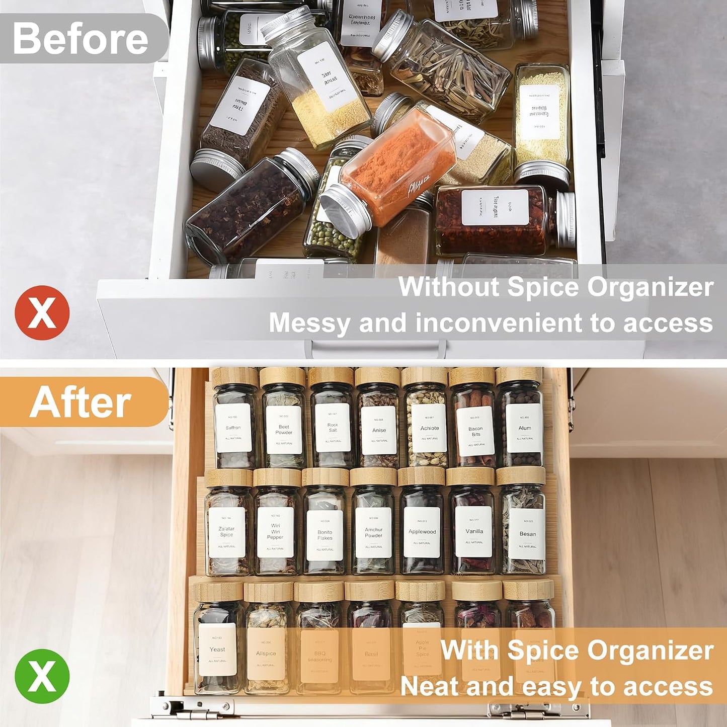 Spice Drawer Organzier,4 Tiers Bamboo Spice Rack Tray Insert for Cabinet Drawer Countertop, Kitchen Seasoning Storage Drawer Organization,14.57" Wide x 15.8" Deep （Hold UP To 32 Jars