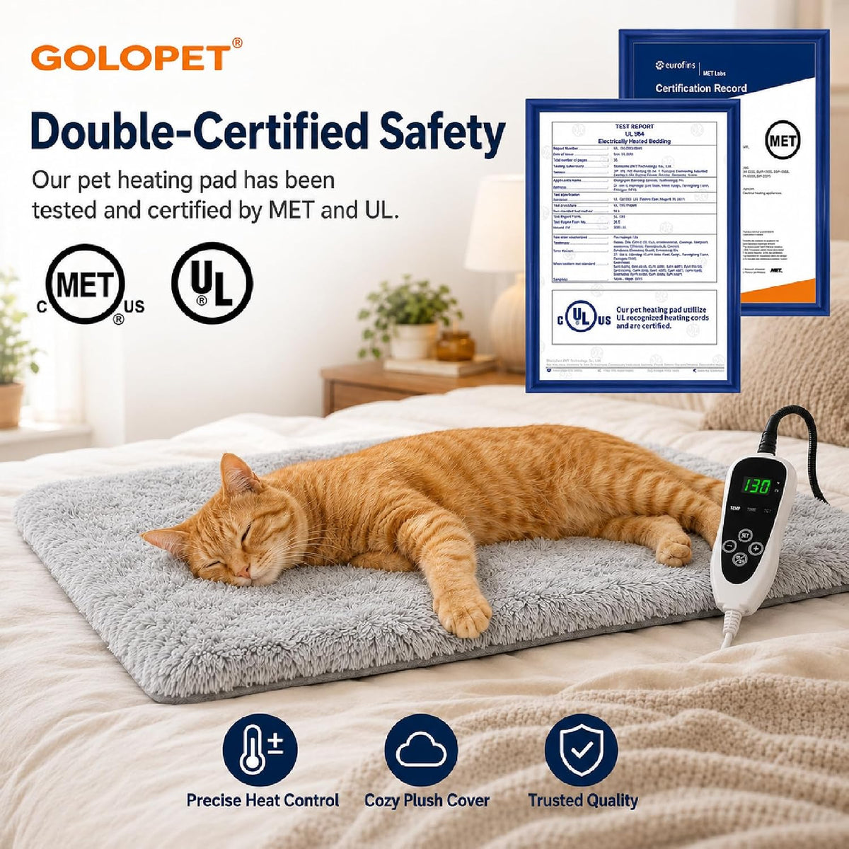 GOLOPET Cat Heating Pad with Normally Open Function，UL Dual Certification