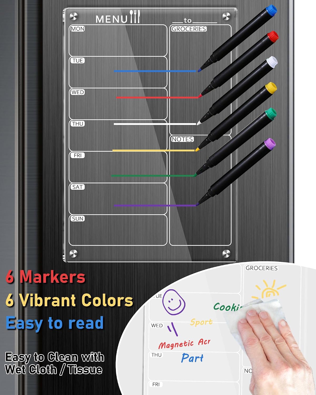 Weekly Acrylic Magnetic Calendar Dry Erase Board for Fridge, 12x16 in | Clear Weekly Planner Whiteboard for Refrigerator, Durable Material, Powerful Magnets, Smooth Writing and Easy Cleaning