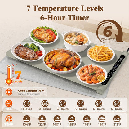Warming Mat for Food, Electric Warming Tray with Heat-Resistant Pad-L Grey | Colorlife 6 Preset Modes, 7 Temps, 6H Timer, Child Lock, Auto-Memory, Rollable Silicone Food Warmer for Buffet, Parties