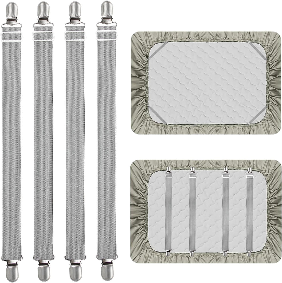Adjustable Bed Sheet Straps Clips, Elastic Mattress Sheet Fasteners Holder and Suspenders, Grippers to Hold Sheet, Mattress, Sofa, Couch, Table Cloth, Ironing Board Cover, Black