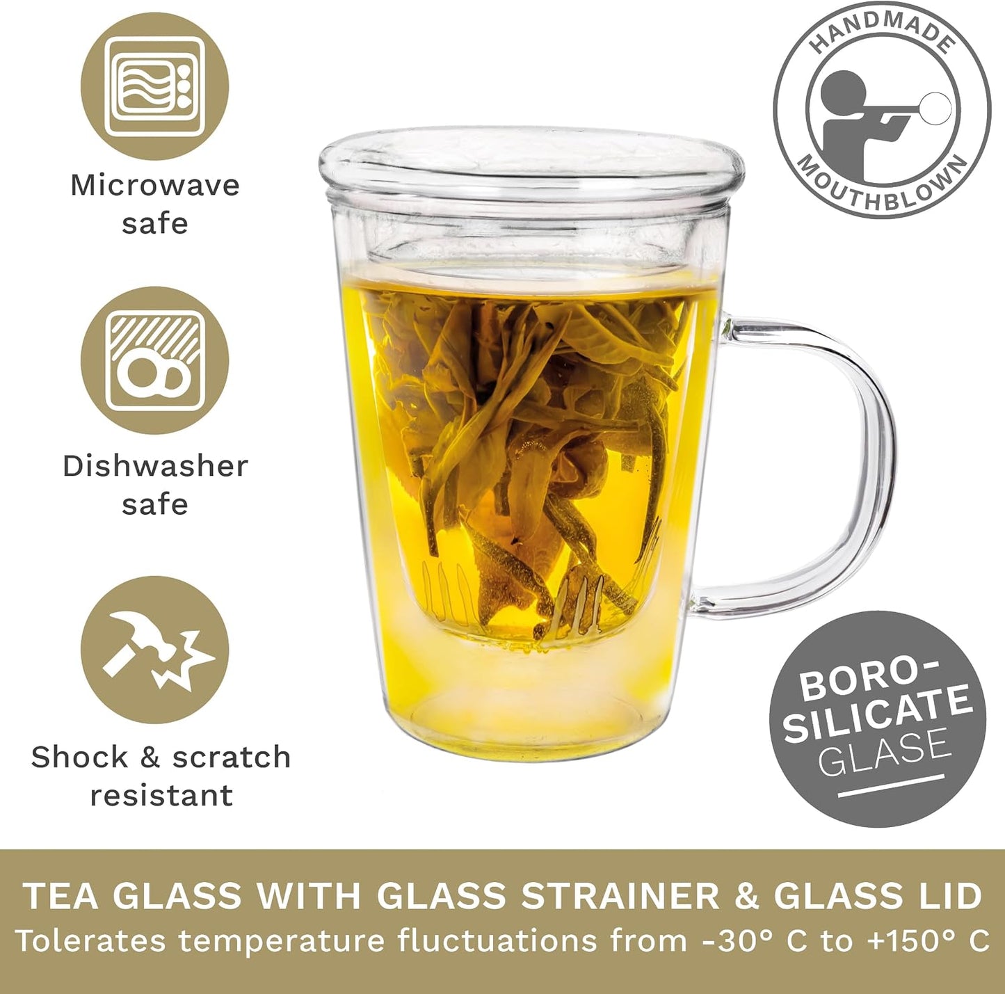 Creano Tea Glass with Infuser and Lid 400ml - Large Tea Cup - Microwave & Dishwasher Safe - Loose Leaf Tea Maker Gift Set