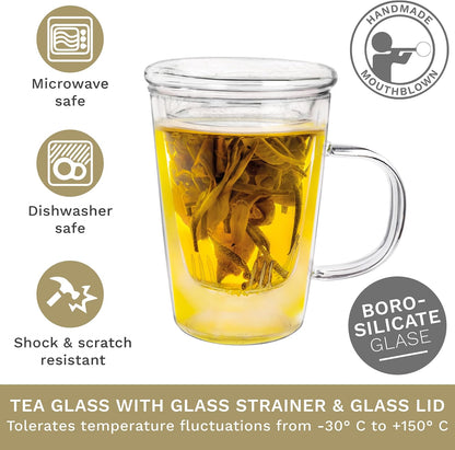 Creano Tea Glass with Infuser and Lid 400ml - Large Tea Cup - Microwave & Dishwasher Safe - Loose Leaf Tea Maker Gift Set