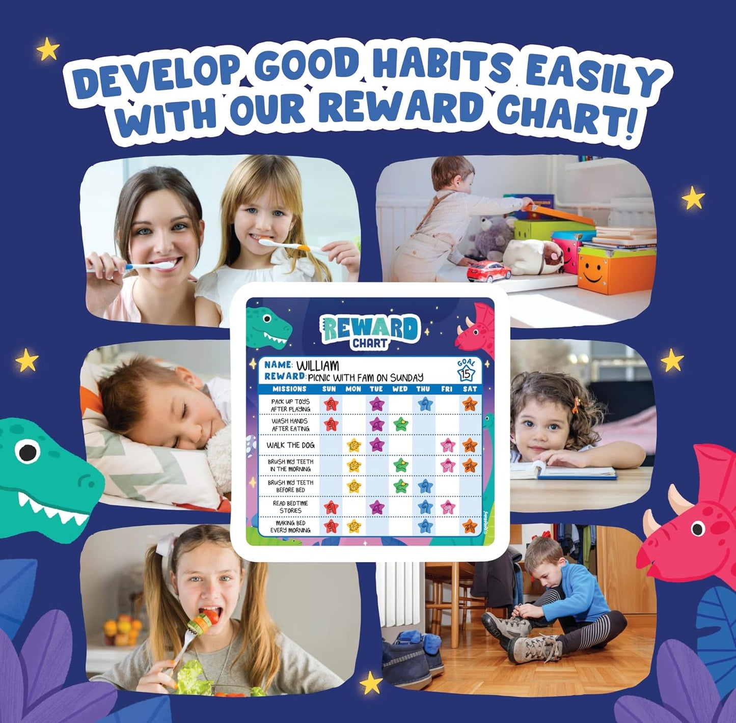 Magnetic Chore Chart for Kids – Dinosaur Reward Chart for Kids Behavior at Home & Classroom, Reusable Dry Erase Sticker Chart, Toddler Morning Routine Responsibility Board