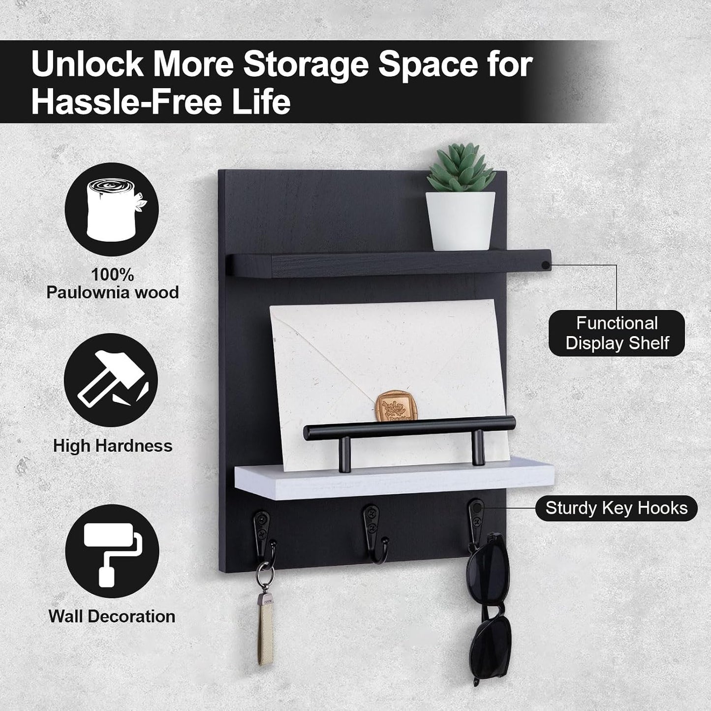 Key Holder Wall Mount, Mail Shelf Decor with 3 Key Hooks, Versatile Wood Wall Organizer for Entryway Hallway (8.2” x 10.6”x 3.6”) (White) | Farmhouse Key Hanger Holds Dog Leash, Sunglasses – Decorative Mail Organizer Home Decor