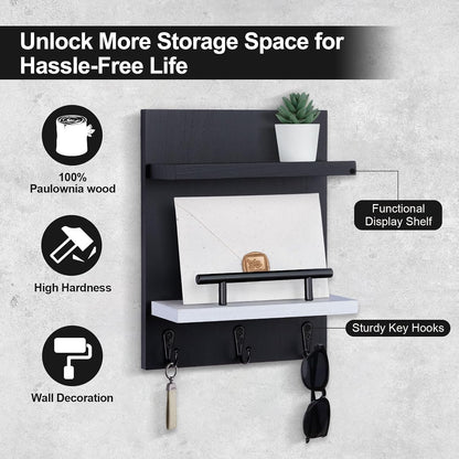 Key Holder Wall Mount, Mail Shelf Decor with 3 Key Hooks, Versatile Wood Wall Organizer for Entryway Hallway (8.2” x 10.6”x 3.6”) (White) | Farmhouse Key Hanger Holds Dog Leash, Sunglasses – Decorative Mail Organizer Home Decor
